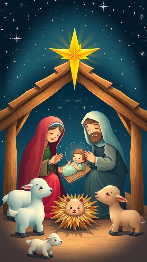 A nativity scene with Mary, Joseph, and baby Jesus in a stable under a starry night sky, ideal for Christmas wallpaper.